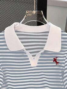 Camiseta de manga corta con cuello de polo a rayas casual de verano para mujer - Multicolor 4 - Ver 3