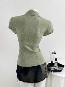 Camisa de mujer con cuello en V, cintura fruncida y manga corta, color blanco, para primavera/verano - Verde - Ver 2