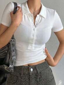 Camiseta básica de manga corta con cuello redondo y media abertura, con diseño ajustado y sexy, de estilo urbano para el verano, para mujer - Blanco - Ver 4