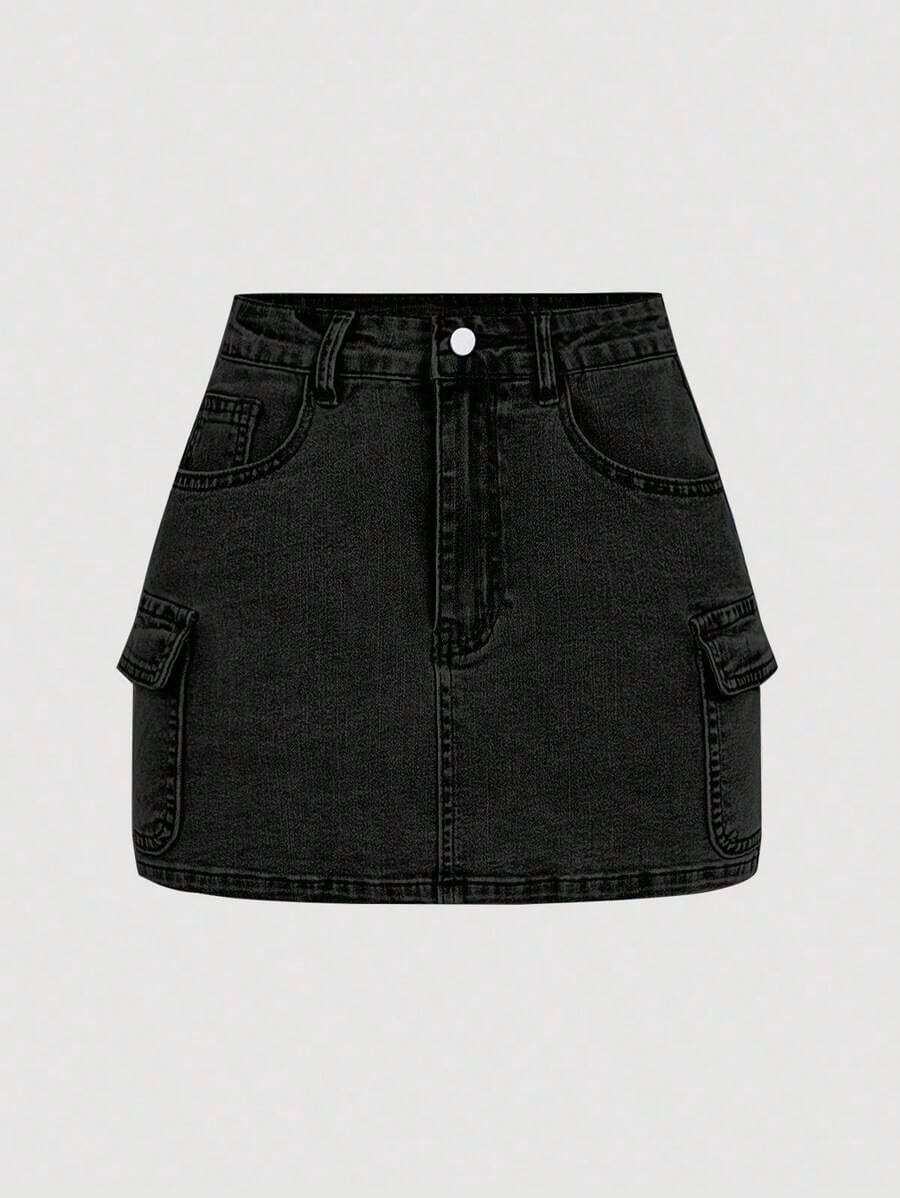 Minifalda casual cargo de mezclilla lavada para mujer - Negro 2 - Ver 1