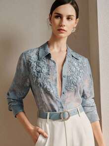Blusa de manga larga para mujer con bordado floral delicado y decoración con cuentas, aplicación simétrica, nueva para primavera/verano - Rosa - Ver 11
