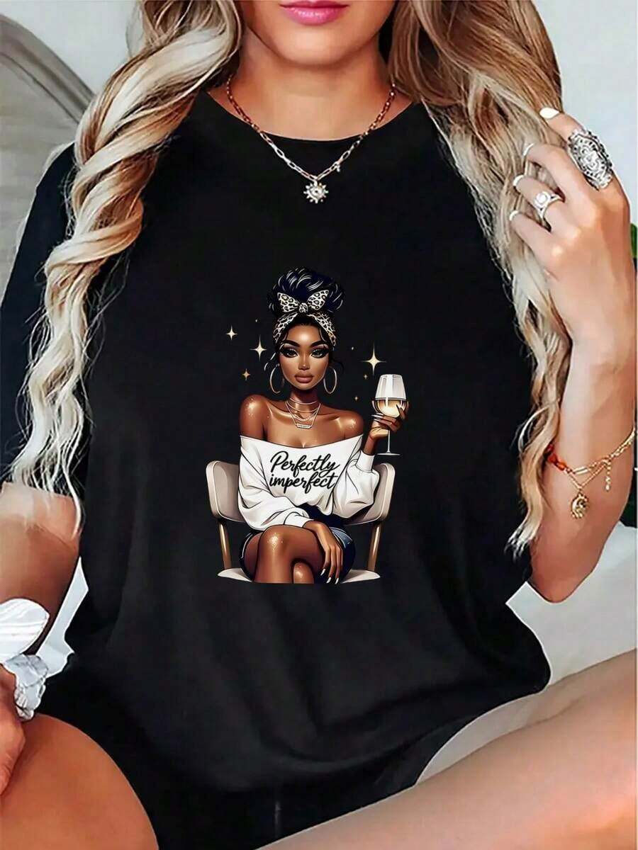 1 pieza de camiseta de manga corta para mujer - Top con estampado gráfico y estilo de hombros descubiertos, 180g 100% algodón - Negro - Ver 1