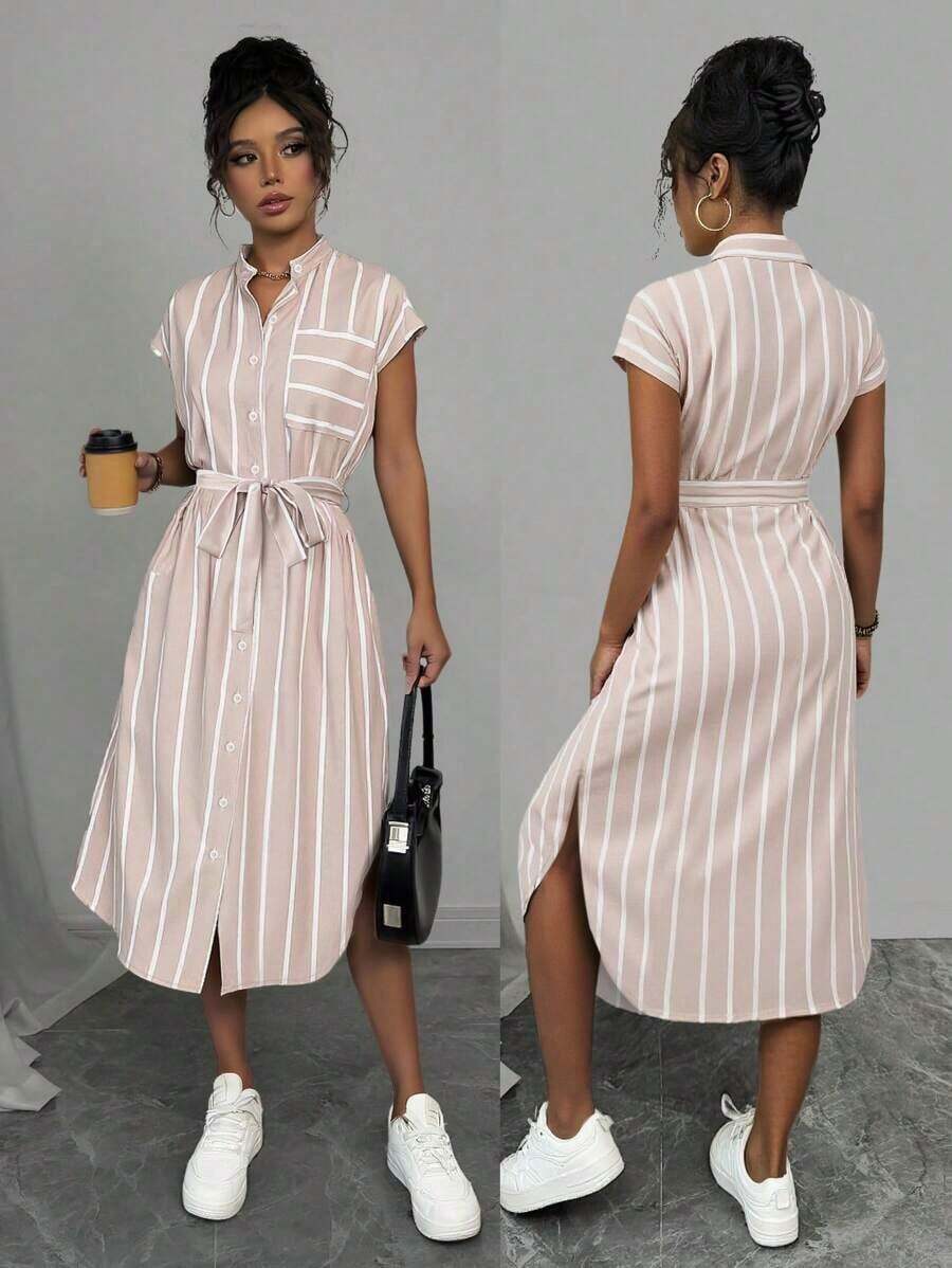 Vestido largo de manga corta para verano 2025, nuevo, con bolsillo, abertura lateral, cinturón y lazo, estampado de leopardo, para uso casual y de viaje - Albaricoque - Ver 1
