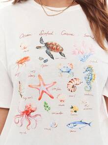 Plus Size Short-Sleeved T-Shirt With A Simple Summer Scene Print, Round Neck, Very Loose Fit - White - View 4