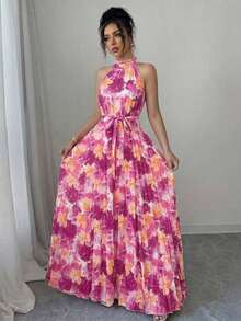 Vestido elegante y romántico con estampado floral, corte evasé y escote halter sin mangas para mujer - Multicolor 7 - Ver 5