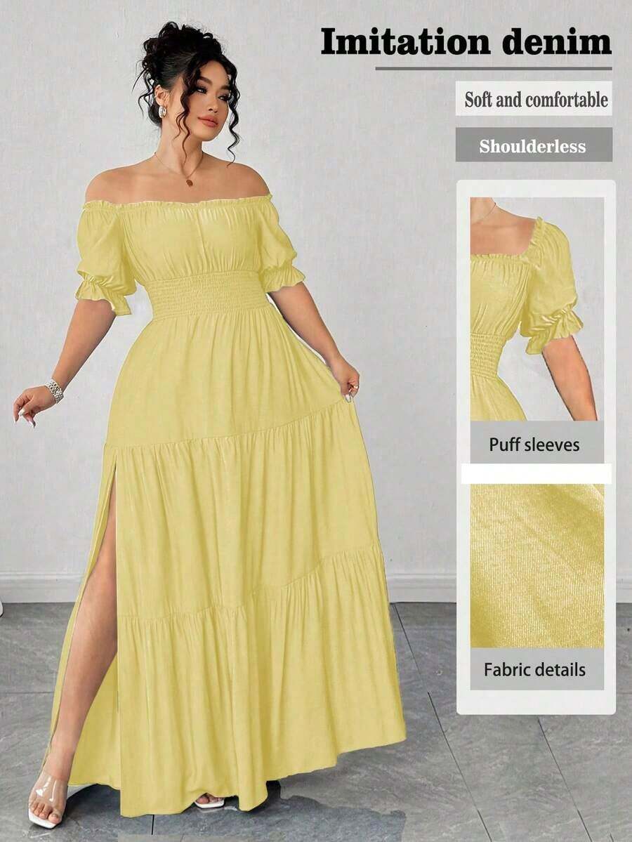 Vestido casual elegante de talla grande para mujer de primavera/verano, en azul sólido de aspecto de mezclilla con cintura fruncida y con abertura lateral - Amarillo - Ver 1