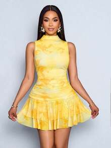Blusas asimétricas, camisas con pliegues laterales con cordón, blusas casuales de moda de un solo hombro de unicolor - Amarillo - Ver 4