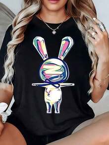 Conejo multicolor en posición divertida que transmite energía juvenil y alegría ideal para un look casual camiseta de mujer 100% algodón 220g - Negro - Ver 2