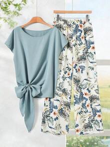 Set de 2 piezas: Blusa morada con lazo minimalista casual + Pantalones rectos holgados con estampado floral, adecuado para vacaciones de primavera/verano - Multicolor 13 - Ver 2