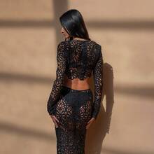 New Sexy Hollow-Out Slim-Fit Long-Sleeve Short Top Beach Vacation Cover-Up Dress - White - View 7