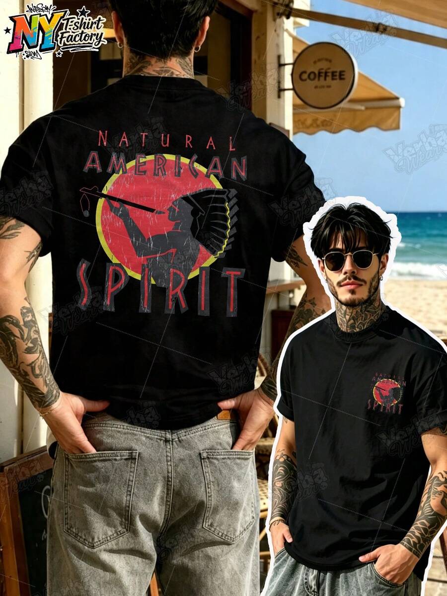 Camiseta de hombre con estampado natural de estilo americano, de algodón, cuello redondo, manga corta, estilo urbano, vintage, casual para uso diario, ideal para vacaciones de verano. - Negro - Ver 1