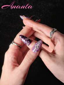 10pcs Handmade Almond-Shaped Nail Stickers, Y2K Style, Colorful Patchwork, Hand-Painted Asymmetrical Patterns, Metallic Finish, 3D Embossed Flowers, Matte Texture, Suitable For Party, Wedding, Daily Wear, Comes With Tool Kit, Fit For Girls And Women Nails - Multicolor - View 3