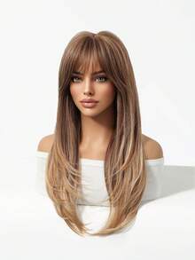Tóc giả thẳng nhiều lớp màu nâu nhạt ombre dài 22 inch, có mái, chất liệu tổng hợp chịu nhiệt tự nhiên, dành cho nữ, thích hợp sử dụng hàng ngày/công sở/dự tiệc. - Lạc đà - Xem 6