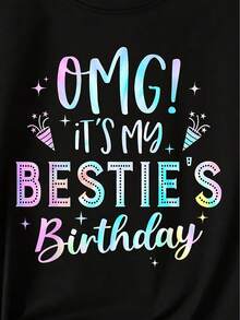 Camiseta de Tela Suave Talla Grande para Mujer, Camiseta Holgada de Cumpleaños para Mujer - con estampado de letras divertidas y confeti de globos con la frase "¡Oh, Dios mío! Es el cumpleaños de mi mejor amiga" - negra con fuentes azules y rosas - top casual de manga corta con cuello redondo, perfecta como regalo para una mejor amiga, ropa de fiesta y camiseta de moda casual para el día a día. - Negro - Ver 4