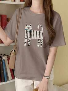 Camiseta blanca de mujer con cuello redondo y estampado de gato, de manga corta, para primavera/verano, tops prepa de maestro playeras de mujer algodon - Estilo II - Ver 3