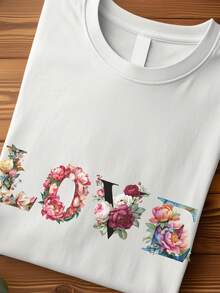 LOVE Floral T-Shirt With Romantic Botanical Typography, Unisex Short-Sleeved T-Shirt. Made From 220g Pure Cotton, This Unisex T-Shirt Is The Ideal Weight For All Seasons And Suitable For Both Men And Women. The Durable, High-Quality Fabric Is Soft To The Touch And Long-Lasting. Breathable Top. Perfect For Spring And Summer, Holidays, Mother's Day, And Independence Day. - 白色 - 查看 1