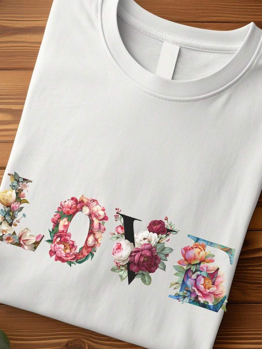 LOVE Floral T-Shirt With Romantic Botanical Typography, Unisex Short-Sleeved T-Shirt. Made From 220g Pure Cotton, This Unisex T-Shirt Is The Ideal Weight For All Seasons And Suitable For Both Men And Women. The Durable, High-Quality Fabric Is Soft To The Touch And Long-Lasting. Breathable Top. Perfect For Spring And Summer, Holidays, Mother's Day, And Independence Day. - 白色 - 查看 1