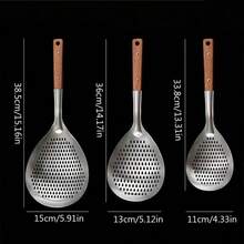 1pc/2pcs Wooden Handle 304 Stainless Steel Hollow Strainer Spoon, Heat-Resistant Hanging Cooking Utensil, Suitable For Frying French Fries, Boiling Noodles, Daily Kitchen Use - Multicolor - View 3