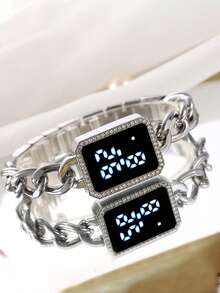 LED Touch Screen Digital Watch Set, Luxury Crystal Bracelet Style Women's Watch - Silver - View 2
