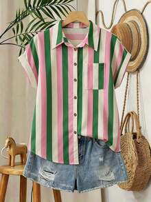 Camisa de manga corta con bolsillo, de estilo casual y de vacaciones, con botones delanteros y rayas - Multicolor - Ver 3