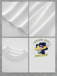 Ilustración vibrante que muestra a un personaje animado con chaqueta amarilla y gafas moradas apuntando hacia adelante simbolizando confianza y energía positiva camiseta de mujer  cómoda para uso diario y perfecta para expresar personalidad creativa y alegre - Blanco - Ver 4