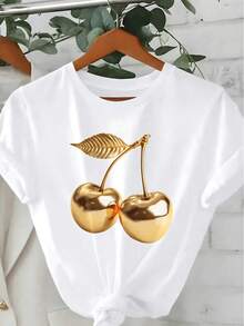 Playera de mujer de algodón 100% con estampado moderno de cerezas doradas, cuello redondo, manga corta, estilo casual, ligera y transpirable para verano elegante - Blanco - Ver 6
