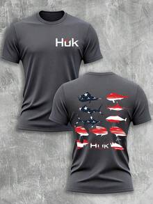 Men's 100% Cotton HUK Fishing T-Shirt Double Sided Print American Flag Fish Graphic Casual Outdoor Fishing Tee, 100% Heavyweight Cotton T-Shirts - Grey - View 1