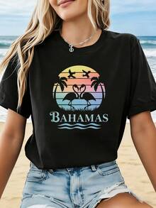Size - Size - Women's T-Shirt With BAHAMAS Graphic Print, Short Sleeve, Round Neck, Casual Top For Summer And Spring, Women's Clothing - 黑色 - 查看 6