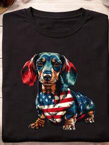 T-Shirt With A Dachshund And American Flag Print For The 4th Of July. Unisex 220g Pure Cotton T-Shirt. Ideal Weight For All Seasons, Suitable For Men And Women. Durable, High-Quality Fabric That Is Soft To The Touch And Long-Lasting. Breathable. Perfect For Spring And Summer, Holidays, Mother's Day, And Independence Day. - 黑色 - 查看 1
