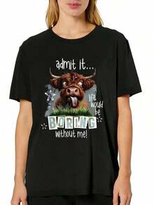Women's Clothing: Plus Size Short-Sleeve T-Shirts, Soft And Breathable - Casual Loose-Fit Tops For Everyday Wear, Featuring Fun And Popular Highland Cattle Prints, Comfortable To Wear. Women's Shirts - 黑色 - 查看 1
