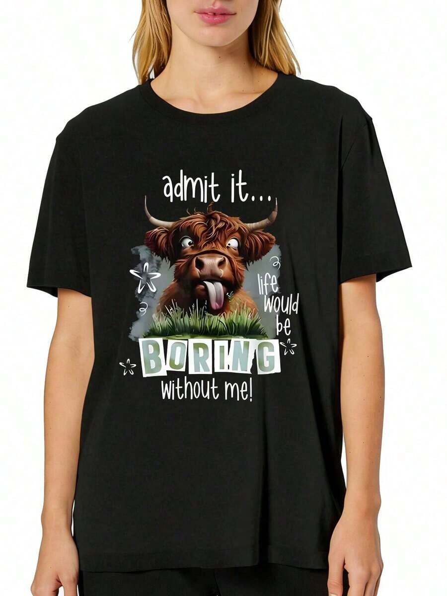 Women's Clothing: Plus Size Short-Sleeve T-Shirts, Soft And Breathable - Casual Loose-Fit Tops For Everyday Wear, Featuring Fun And Popular Highland Cattle Prints, Comfortable To Wear. Women's Shirts - 黑色 - 查看 1