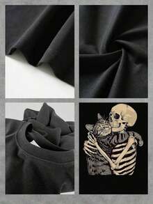 Camiseta con Estampado de Gato Acogedor y Abrazo de Esqueleto para Mujer, Camiseta de Manga Corta Estilo Halloween, Linda y Espeluznante, Top de Algodón de Corte Relajado con Estampado Artístico de Moda, Prenda Casual Única - Negro - Ver 4