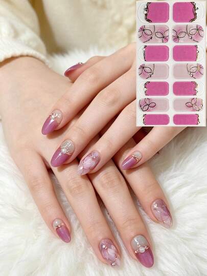 Brand New Rhinestone Pink Gold Foil Tulip Flower 3D Nail Art Stickers