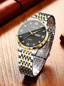 1pc Men's Quartz Wrist Watch, Gold-Tone Alloy Band, Calendar, Diamond-Encrusted Roman Numeral Dial, Business & Casual Style, Gift For Boyfriend (1pc/Set, Watch Box Not Included) - Black - View 7