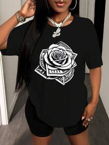 Camiseta de manga corta con estampado para mujer, ropa de primavera, atuendo para festividades, blanca para verano, look playero, estilo vacacional, estilo rural, atuendo de oficina para mujer. - Negro - Ver 1