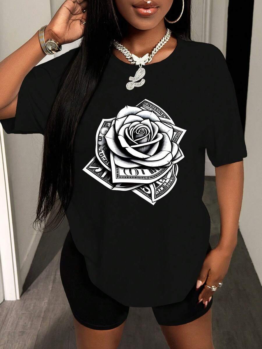 Camiseta de manga corta con estampado para mujer, ropa de primavera, atuendo para festividades, blanca para verano, look playero, estilo vacacional, estilo rural, atuendo de oficina para mujer. - Negro - Ver 1