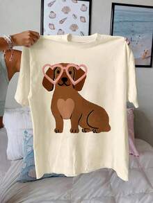 Camiseta de manga corta con estampado de corazón de Dachshund, parte superior casual para mujer, verano y vacaciones - Albaricoque - Ver 1