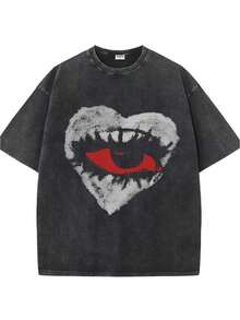 1 camiseta de moda con estampado de letras a doble cara, camiseta de estilo casual urbano, muy vendida en verano, top de manga corta con cuello redondo y hombros caídos, 100% algodón, 180g. - Negro - Ver 1