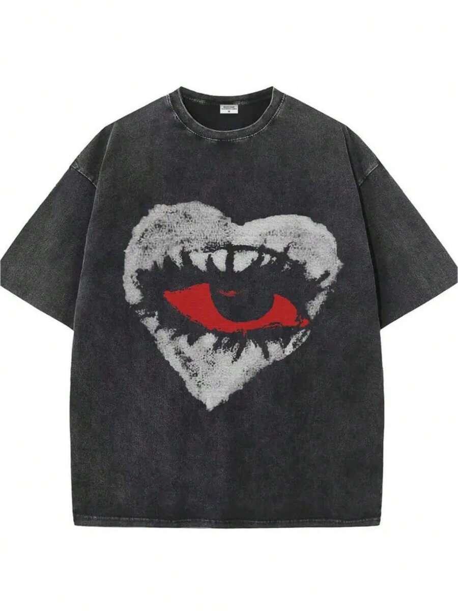 1 camiseta de moda con estampado de letras a doble cara, camiseta de estilo casual urbano, muy vendida en verano, top de manga corta con cuello redondo y hombros caídos, 100% algodón, 180g. - Negro - Ver 1