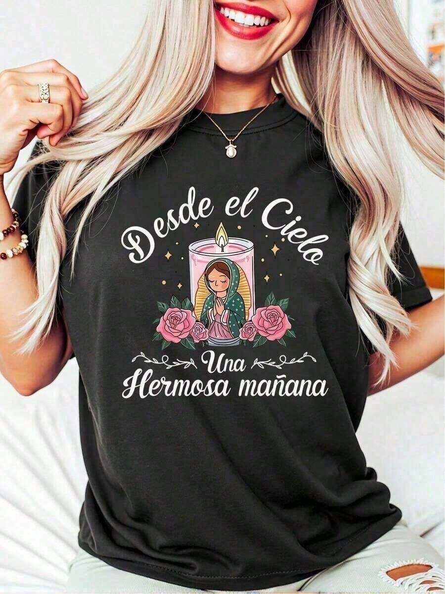 Camiseta Vintage de Algodón para Mujer, Estilo Oversize, Nuestra Señora de Guadalupe, Virgen María, Camiseta de Fe, Cuello Redondo, Religiosa, Inspiradora, Cristiana, Corte Holgado, para Fiestas o Regalos, Suave y Cómoda, Estampado de Moda - Negro - Ver 1