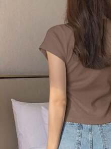 Camiseta básica de mujer de manga corta, cuello redondo, unicolor blanco, para primavera/verano, estilo casual de oficina - Café integral - Ver 2