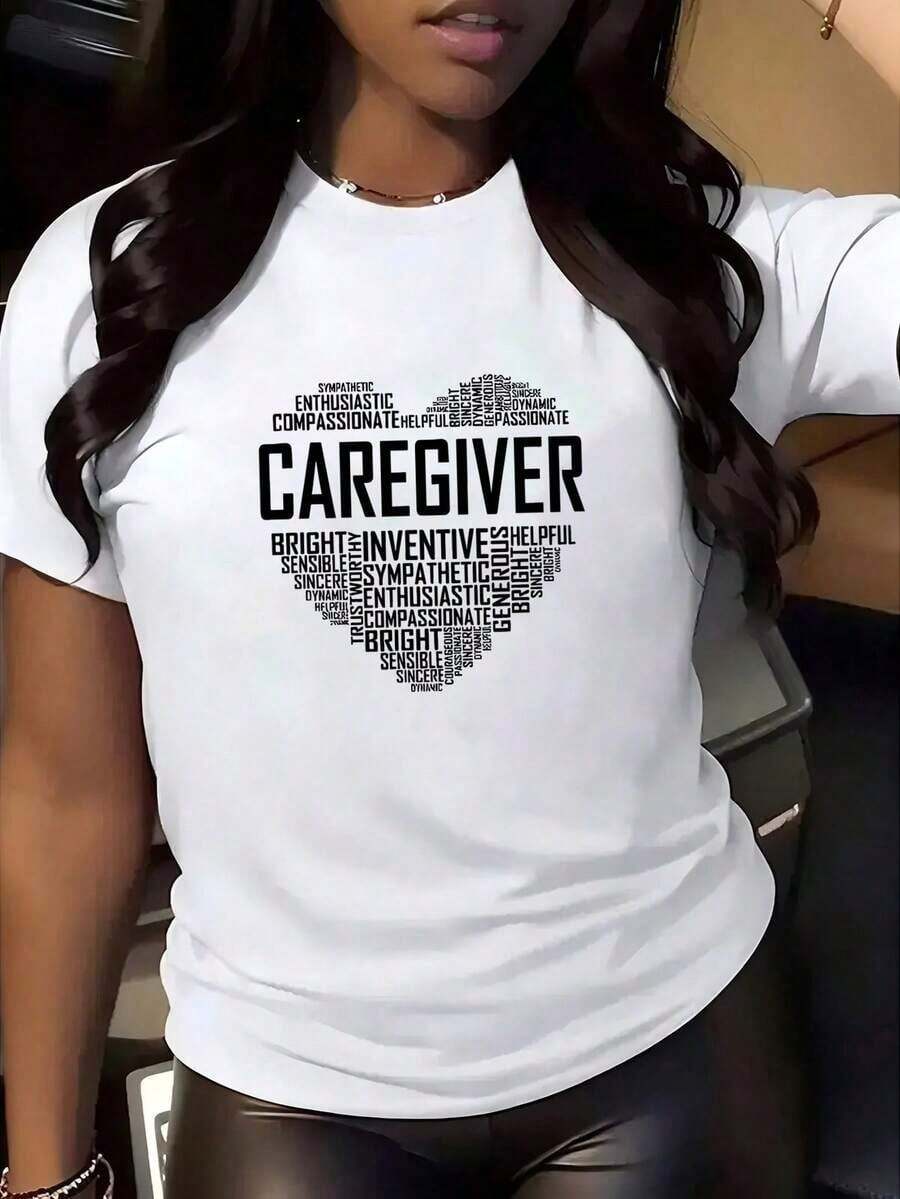 Una camiseta de manga corta para mujer, cómoda, suave y holgada, adecuada para actividades al aire libre en primavera y verano, 1 pieza de camiseta con diseño de corazón "Proud Caregiver" - camiseta casual de cuello redondo y manga corta, de tejido de punto, longitud regular, lavable a máquina, camiseta versátil para primavera y verano. blusas para mujer,blusas casuales para dama,tops,, mujer premium,y2k,playeras de mujer curvy,ofertas y liquidaciones ropa mujer,playeras deportivas para mujer,,playeras de hombre, mujer,blusas>elegante ISMO Blusas Bonito 100% Cotton - Blanco - Ver 1