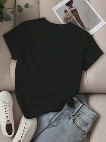 Women's Short-Sleeved T-Shirt, 100% High-Quality Cotton, With A Relaxed, Casual, And Versatile Design. Modern Print Ideal For Vacations, Walks, Or Travel. Perfect As A Basic T-Shirt. Includes 1 Piece. Pretty Blouses 100% Cotton - 黑色 - 查看 3