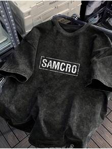 Camiseta de hombre lavada, corte holgado, estampado vintage, talla grande_0621. Camiseta lavada, un imprescindible de verano, estética vintage, corte holgado y cómodo, estilo urbano. - Negro - Ver 1
