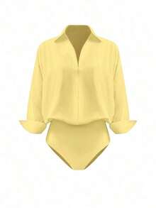 Body de manga larga y unicolor elegante para mujer - Amarillo - Ver 1