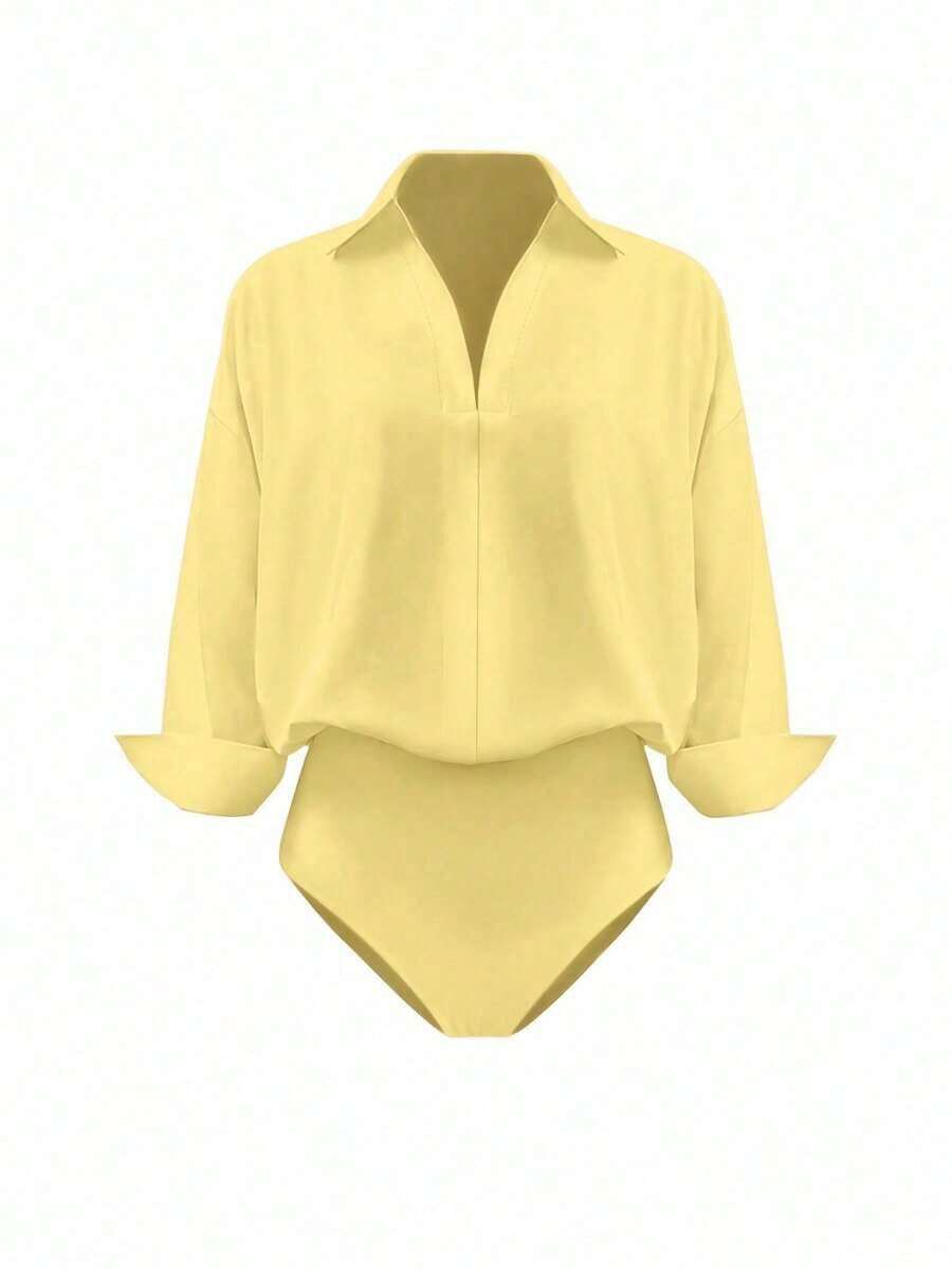 Body de manga larga y unicolor elegante para mujer - Amarillo - Ver 1