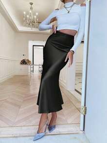 Sollinarry Falda larga de unicolor básica, corte slim, estilo casual de calle para uso diario, elegante en negro para verano y primavera - Negro - Ver 5