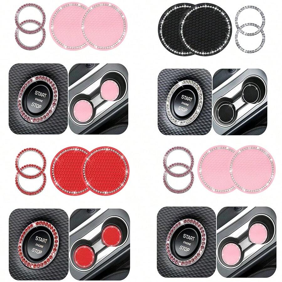 4pcs Car Interior Accessories - Diamond Studded Car Cup Holders, Car Ignition Ring Decor, Anti-Slip Waterproof Car Coasters, One-Touch Start Decorative Ring (Large Diamond Version)