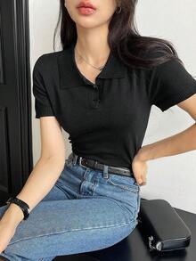 Blusa de punto de manga corta con contraste de rayas, casual de negocios - Negro - Ver 6