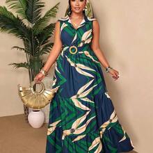 Plus Size Women's Spring/Summer Sleeveless Shirt Dress - Front Button Design With Pleated Maxi Dress, Casual Office Wear; Tropical Print Sleeveless Elastic Waist Dress - Summer Beach Holiday Outfit Elegant - Verde azulado - Ver 6